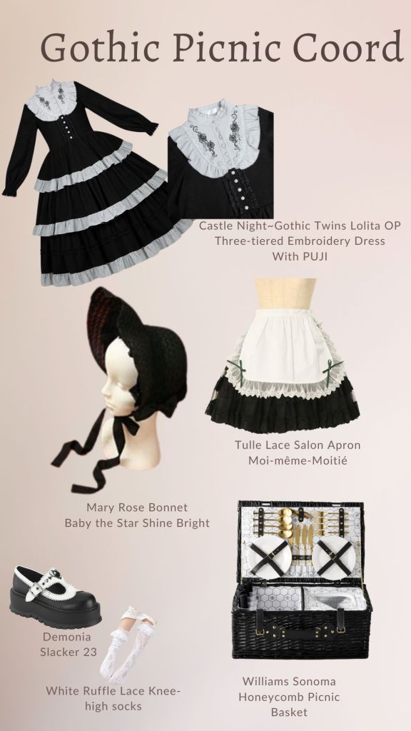 Picnic themed EGL Lolita coordinate based on a black and white tiered  "With PUJI" dress. 